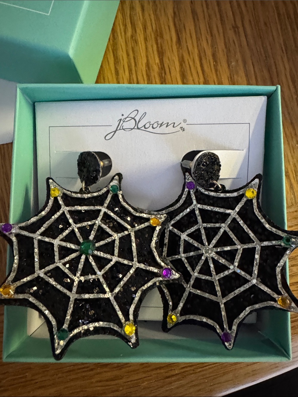 Bloom Halloween Black Spiderweb Statement Earrings with Multicolor Gems